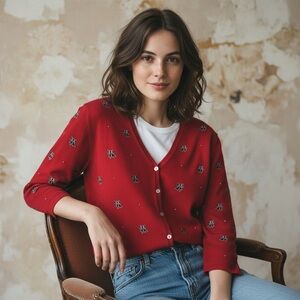 Erin Matthews Red Bow Embroidered Cardigan - Christmas Sweater 
Size Medium